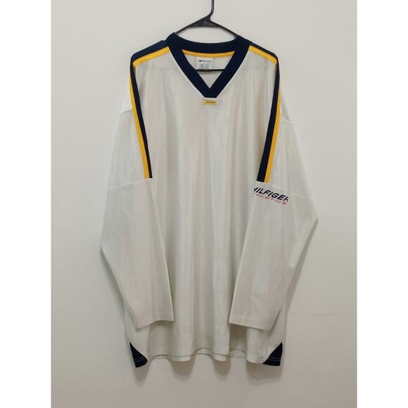 Hilfiger Athletics Men's Top Jersey White Stripes Yellow Vintage 90's Size XXL - Picture 1 of 12